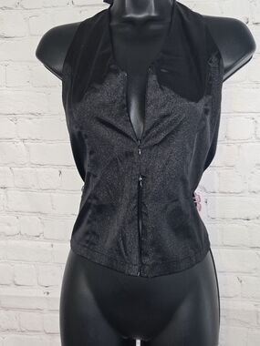 American vintage  New Line Black satin halter Top Bottom Zip Vesy Goth Glam